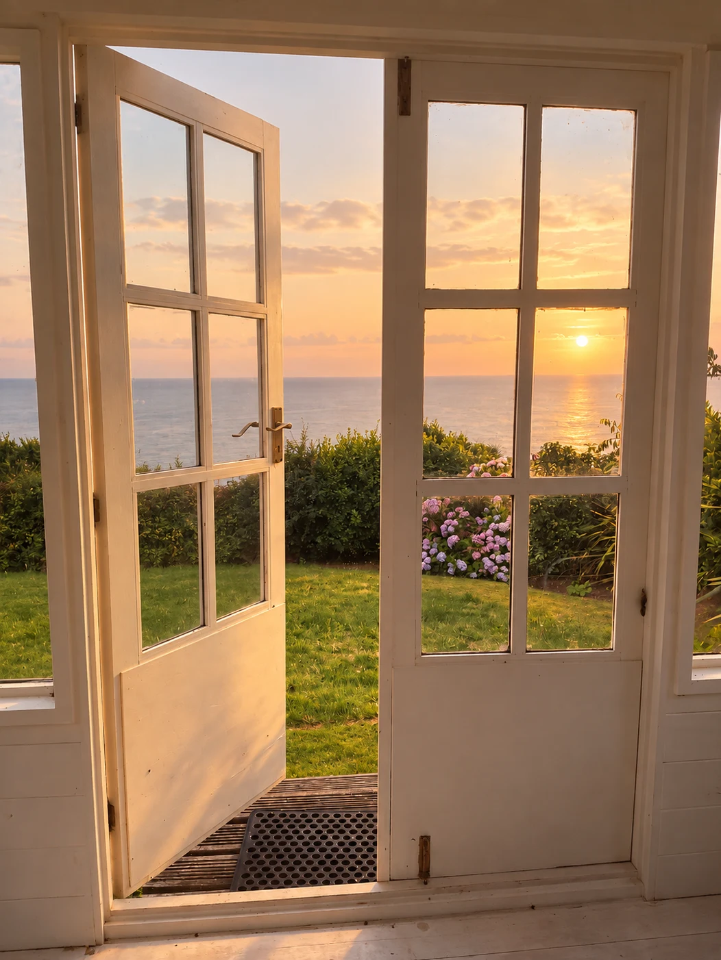 Helen's open doorway looking onto a sunlit garden and the sea